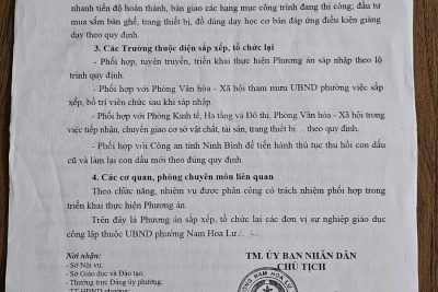 Thực hiện Phương án số 01/PA-UBND ngày 15/01/2026 của UBND phường Nam Hoa Lư về việc Sắp xếp, tổ chức lại các đơn vị sự nghiệp giáo dục công lập thuộc UBND phường Nam Hoa Lư